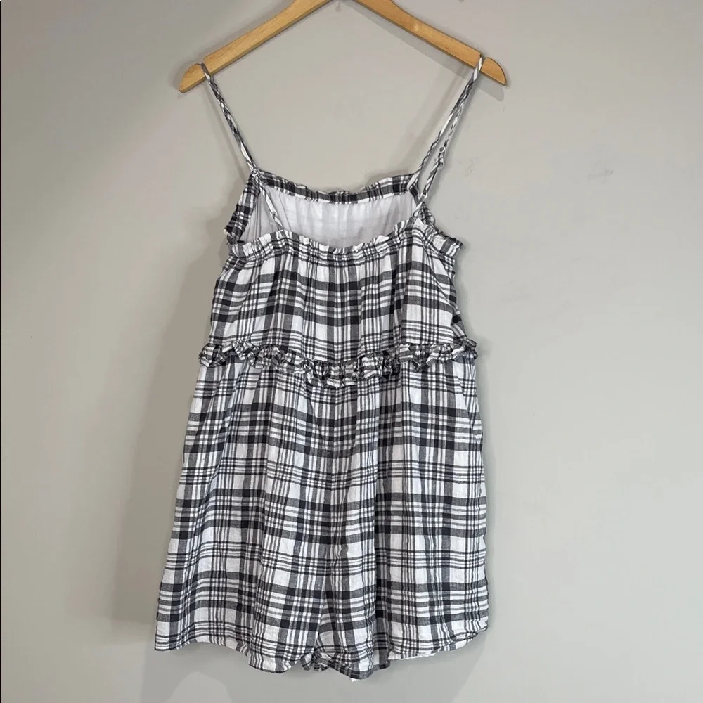 American Eagle Plaid Babydoll Shorts Romper Black White Linen Blend Pockets M - Picture 8 of 13